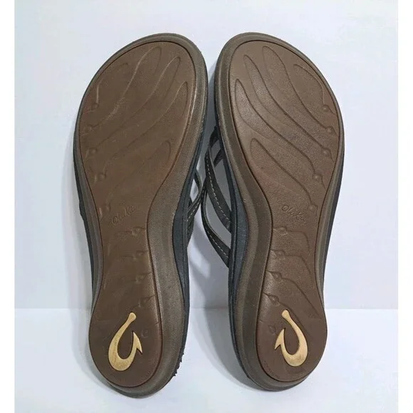 Olukai Womens Size 8 “U’i” Sahara Black Leather Double Strap Sandal Flip Flops - Picture 4 of 6